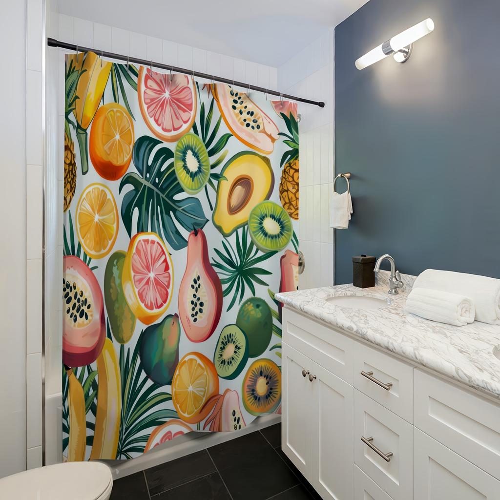 Tropical Fruit Green Leaf Digital Print Shower Curtain, Machine Washable, Reversible All-Season Polyester Bathroom Decor