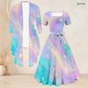 Women Plus Size Two Piece Set Printed Square Neck Short Sleeve Tie Waist Flared Dress With 3 4 Sleeve Cardigan Black Green Gold