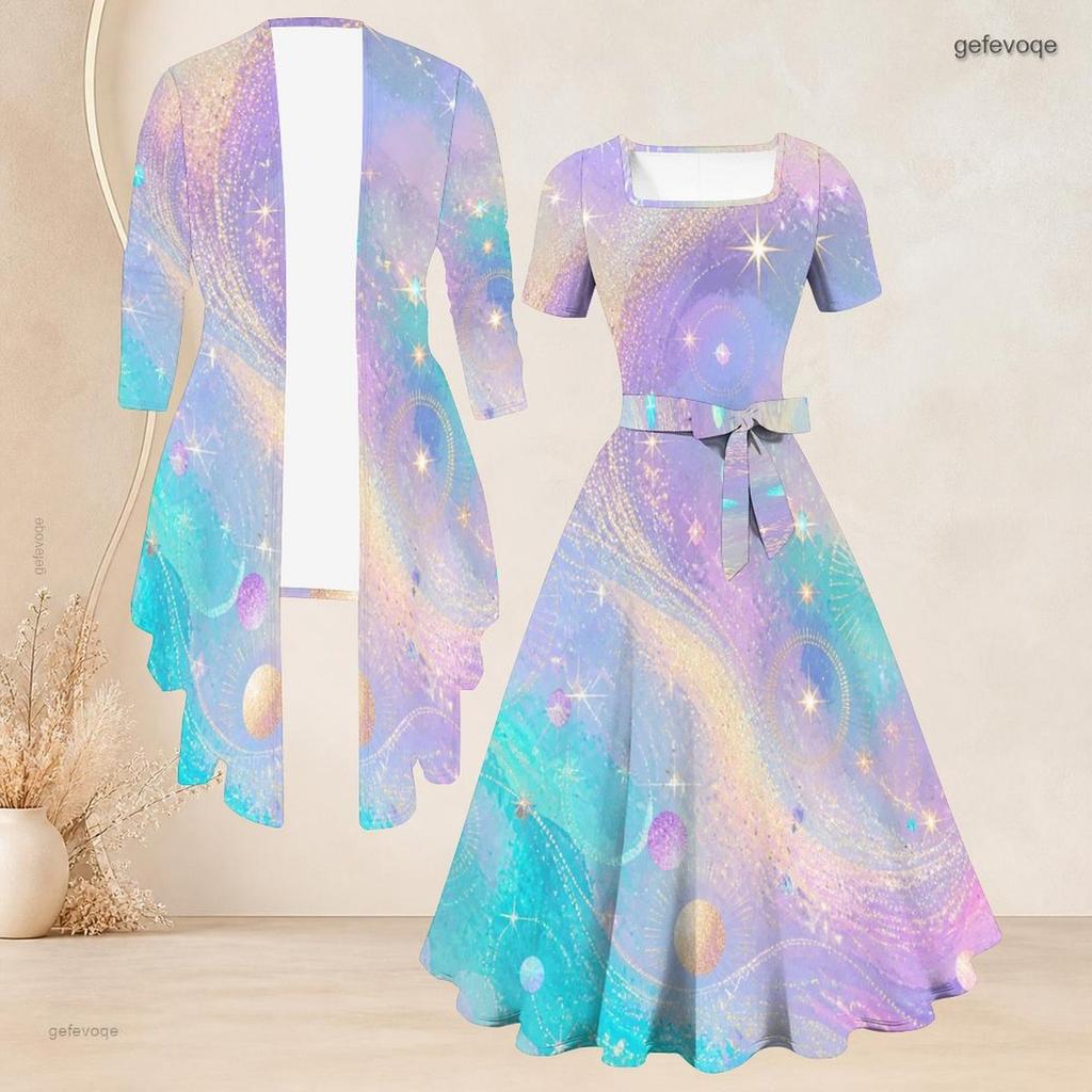Women Plus Size Two Piece Set Printed Square Neck Short Sleeve Tie Waist Flared Dress With 3 4 Sleeve Cardigan Black Green Gold