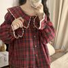 Christmas Red Plaid Lace Pajama Set: Large Lapel, Long Sleeve & Pants for Girls – Perfect for Autumn & Spring