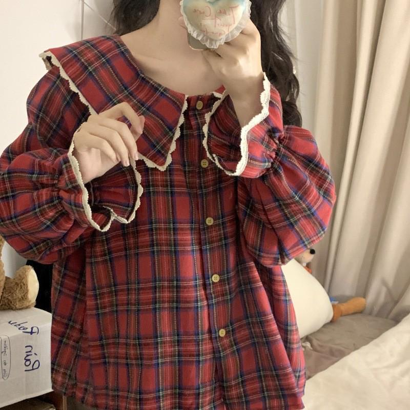 Christmas Red Plaid Lace Pajama Set: Large Lapel, Long Sleeve & Pants for Girls – Perfect for Autumn & Spring