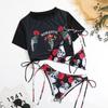 European & American Style Sexy Women's Three-Piece Swimsuit Set - Rose Skull Print Halter with Drawstring