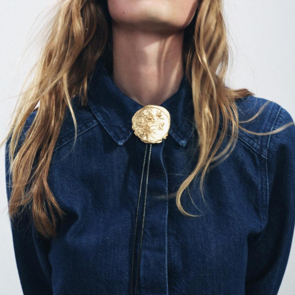 Vintage Irregular Metal Rose Round Label Adjustable Rope Chain Western Cowboy Style Necklace Women Personalized Jewelry