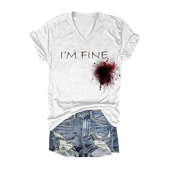 Halloween Blood Shirt Digital Print Blood Stains Text Tee Shirt Women V-neck Tops Casual Wear Funny Horror Clothes