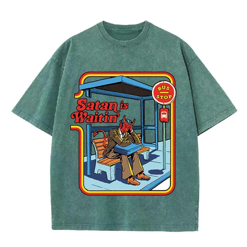 2026 Vintage Satan Is Waitin Bus Stop Graphic Washed T Shirt Men Women Retro Cartoon Oversized Short Sleeve Casual Streetwear Fa