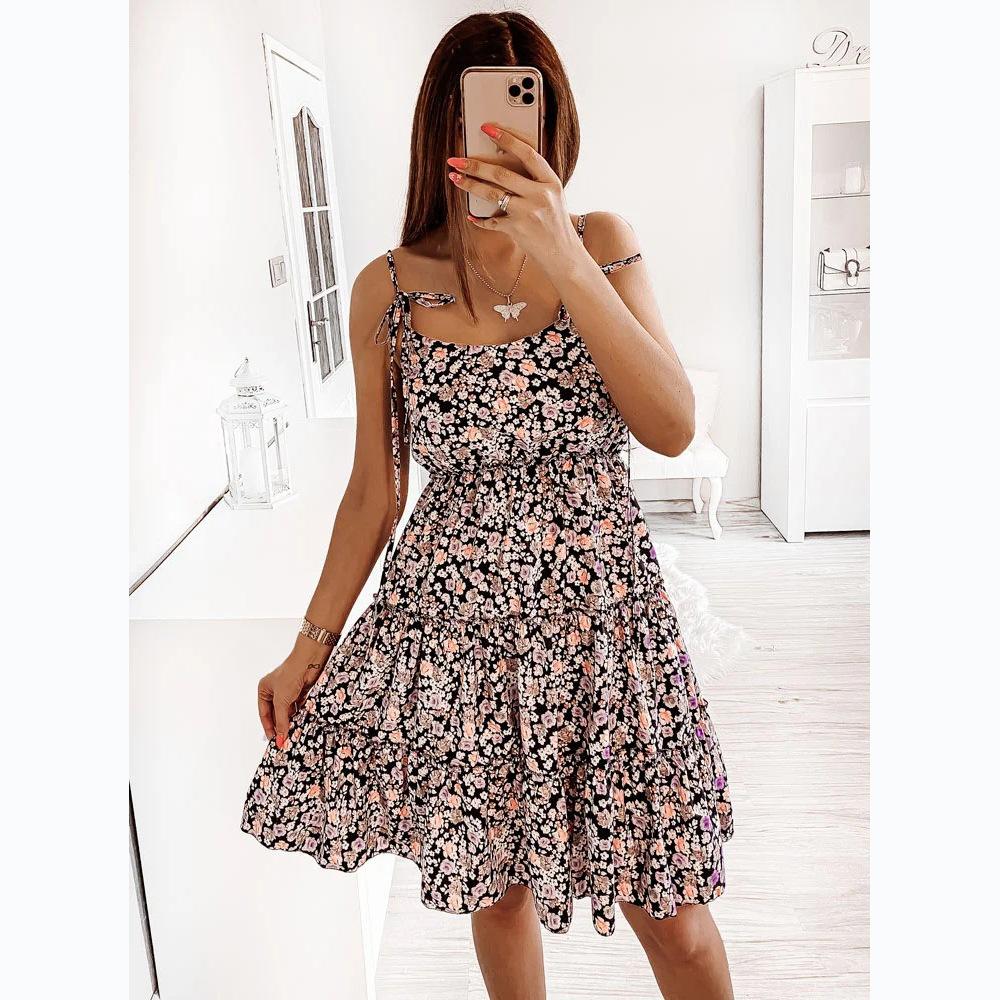European and American Spring and Summer New Models, Small Floral Digital Printing Fresh and Sweet Wind Suspender Dress