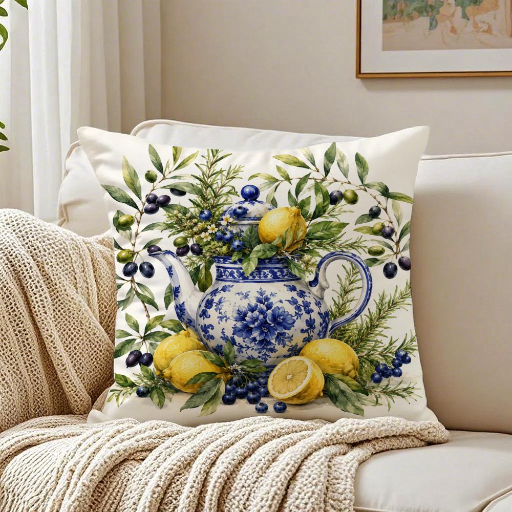 Porcelain Fruits Summer Cushion Cover Double-Sided Plush Sofa Cushion Covers Organic Breathable Invisible Zipper