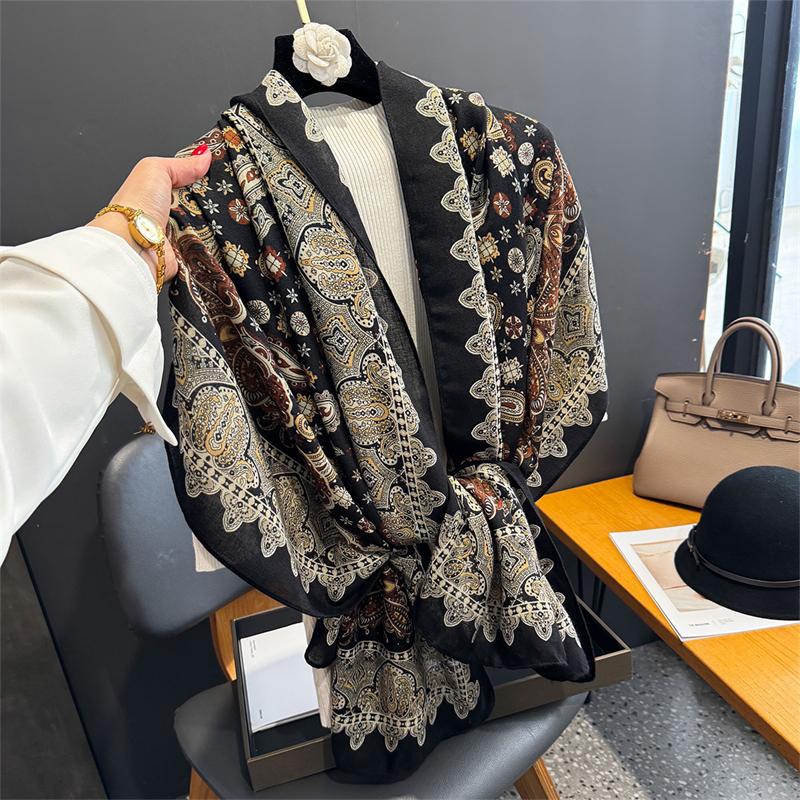 Vintage Black Paisley Shawl 88x180cm Cotton-Linen Feel Boho Style Women's Scarf Fashion Luxury Big Size Blanket