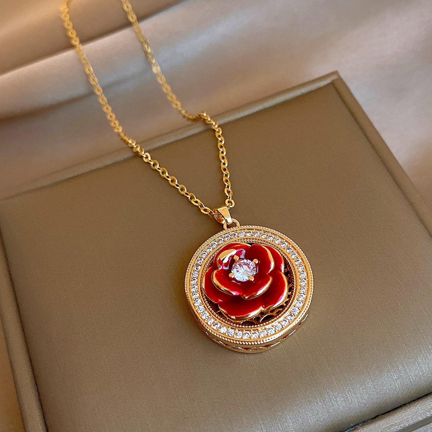 Medieval red oil dripping rotating flower zircon necklace versatile sweater chain light luxury necklace women