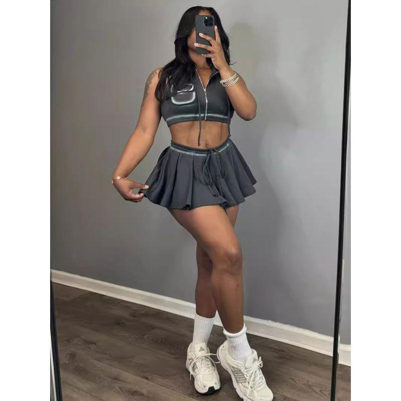 2024 Summer New European and American Sexy Gyaru Sports Girl Casual Zip-up Lace-up Short dress Set Women clothes