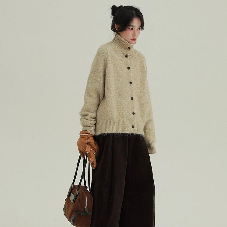 DIMANAF 2025 New Sweaters Buttons Turtleneck Cardigan Autumn Women Solid Knitting Loose