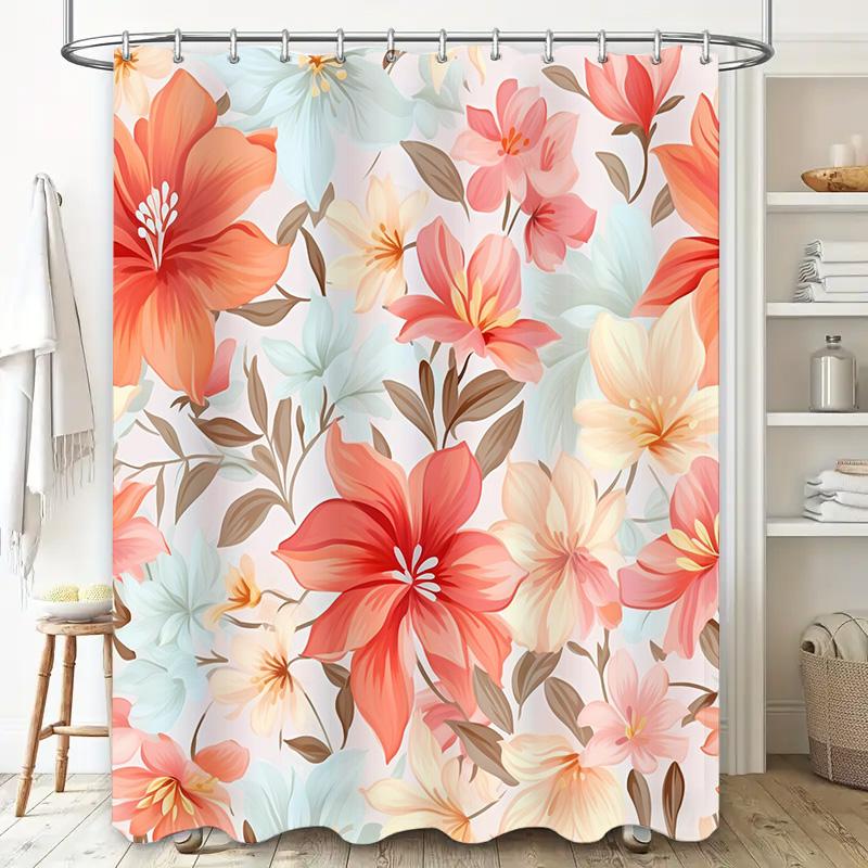 Pink Floral Shower Curtain Bathroom Decor Waterproof Fabric with Hooks for Bathtub or Pool Area