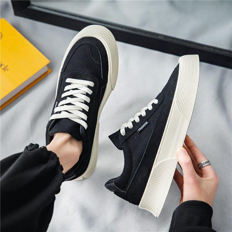 Canvas Men's Shoes Autumn Breathable Niche Design Versatile Casual Board Shoes Men's Inner Height Increase Black Sports Trendy Shoes