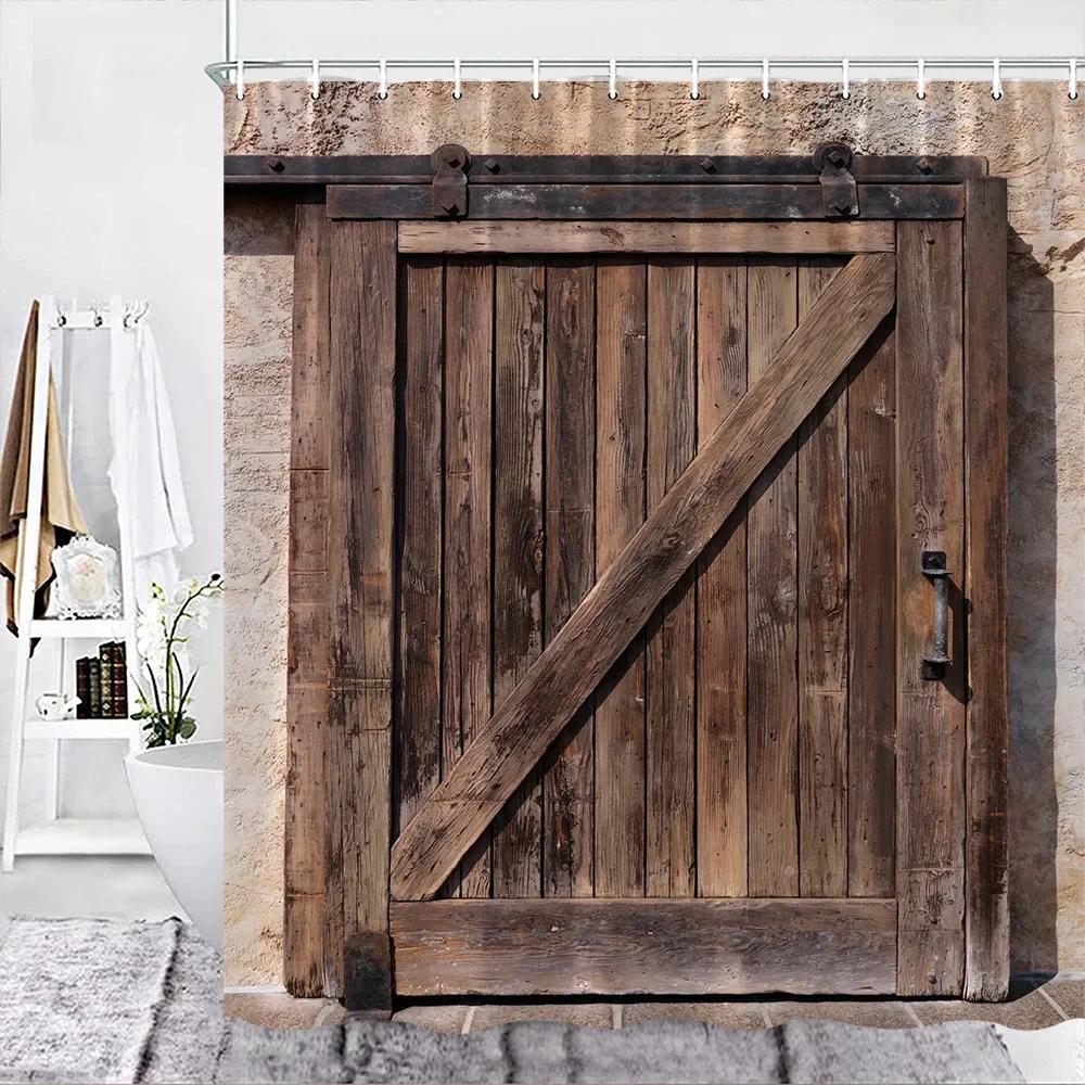Retro Holzmaserung Duschvorhang Braun Alte Hartholzdiele Natürlich Ländlich Grafikdruck Stoff Badezimmerdekor Set Mit Haken
