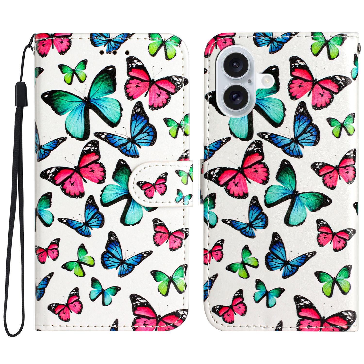 

For iPhone 16 Plus Leather Case Pattern Printed Wallet Flip Phone Cover Butterflies