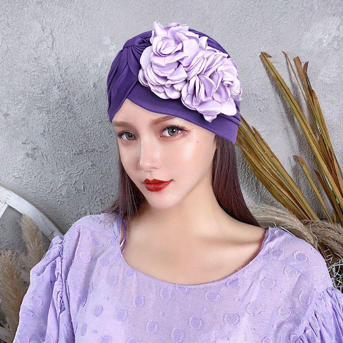 Spring and Summer Sweet Big Flower Headgear Retro Pullover Hat Female Dancing Confinement White Hair Headgear Travel Headscarf Hat