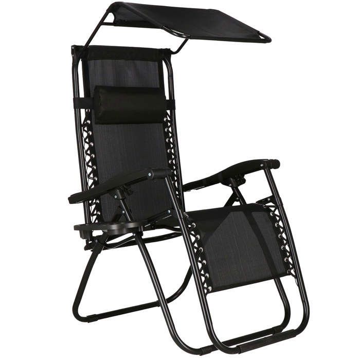 Chaise longue avec pare-soleil SPRINGOS - Noir - 62 x 110 cm - Charge max. 130 kg - Hauteur totale 112 cm