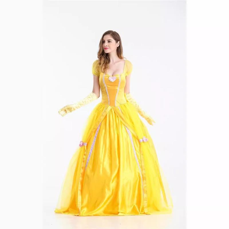 Beautiful woman and beast halloween adult bell princess yellow dress, masquerade costume