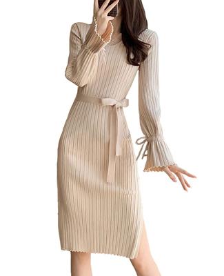 TOWYYO Knit Cute with Bell Long Solid Beige Women's Dress, Ribbon, Sleeves, Sleeves, V-Neck, A-Line, Slimming, Knee-Length, Color, Stylish, Spring,