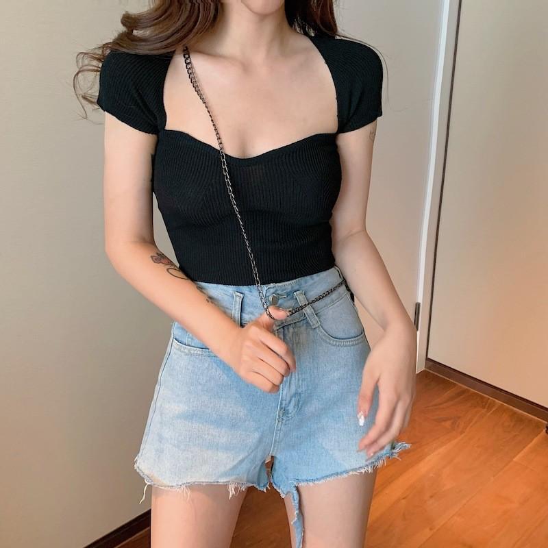 Womens Short Sleeve Knit Top With Splicing Design For Summer Casual Wear