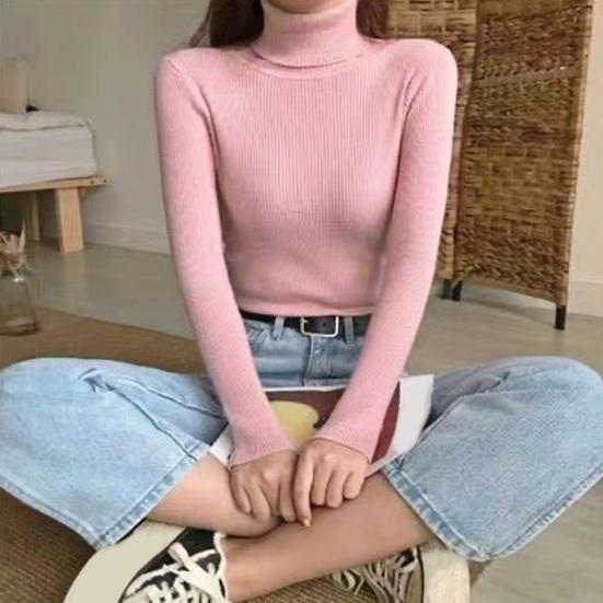 Women Sweater Turtleneck Long Sleeve Slim Fit Knitting Tops Solid Color Soft Elastic Fabric