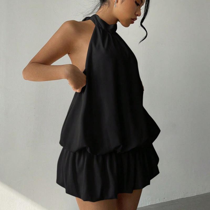 

Women Satin Halter Backless Tiered Ruffle Dress with High Neck, Sleeveless Cocktail Party Dress for Summer Club Date & Special Occasion L чорний