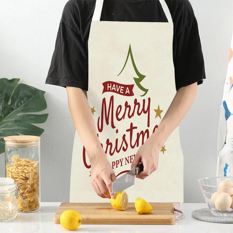 Kitchen Aprons for Women Men Merry Christmas Letters Printed Linen Bibs Household Cleaning Pinafore Home Cooking Apron Delantal