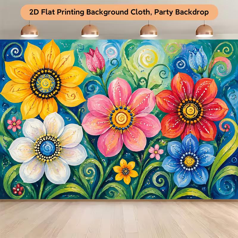 2D Bright Sunflower & Mixed Flowers Backdrop Folk Art Style Photo Background
