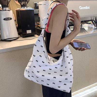 Korean Niche Design Bow Canvas Bag Women's Shoulder Tote Bag Shopping Bag Foldable New Style Fashion