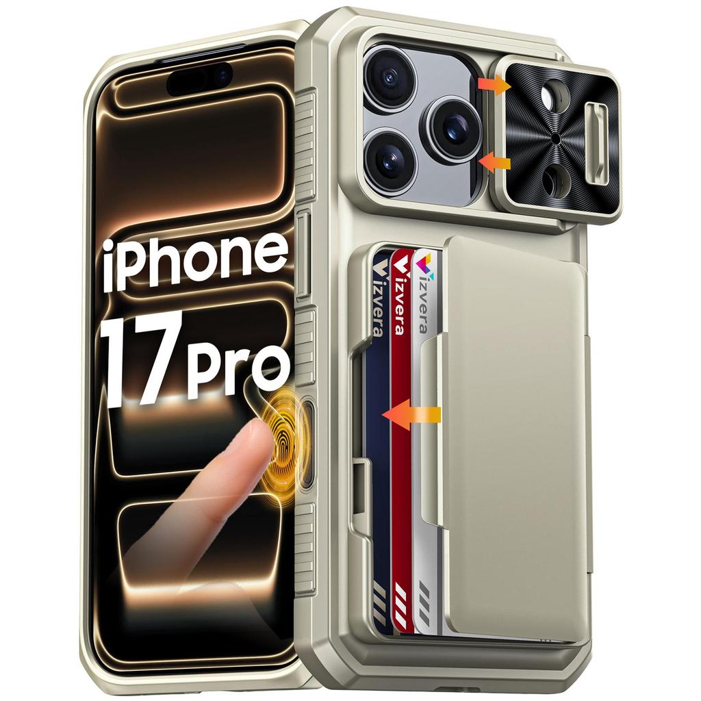 Mit Kartenhalter, Schiebefach für die Kamera und Ständer für iPhone 17 Pro Handyhülle, Anti-Fall PC+TPU Wallet Case - Orange
