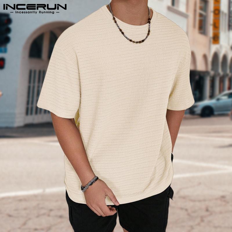 INCERUN Men Round Neck Short Sleeve Tops Solid Color Texture T-shirts
