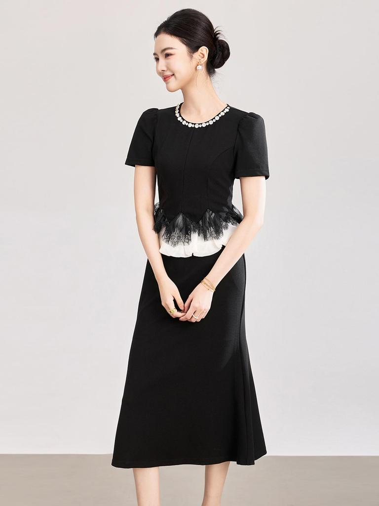 High-Quality Socialite Style Rhinestone-Inlaid Faux Two-Piece Slim-Fit Dress for Spring/Summer