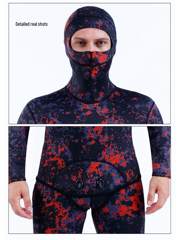 3mm Camouflage Two-Piece Wetsuit with Hood for Diving, Spearfishing, Freediving, and Snorkeling