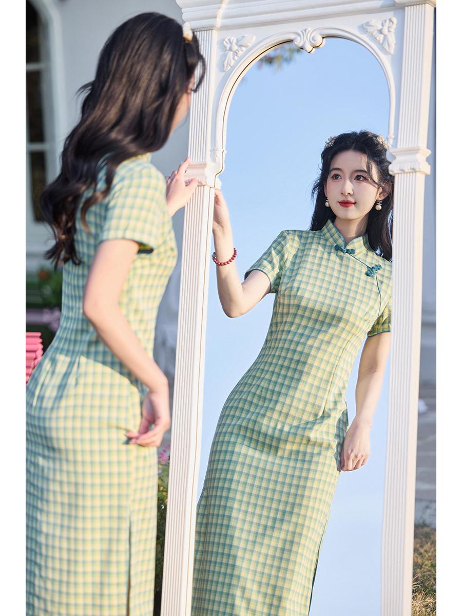 

Xia Lu 2025 Spring/Summer Yellow-Green Plaid Slim Fit Cotton Linen Qipao Dress 3XL