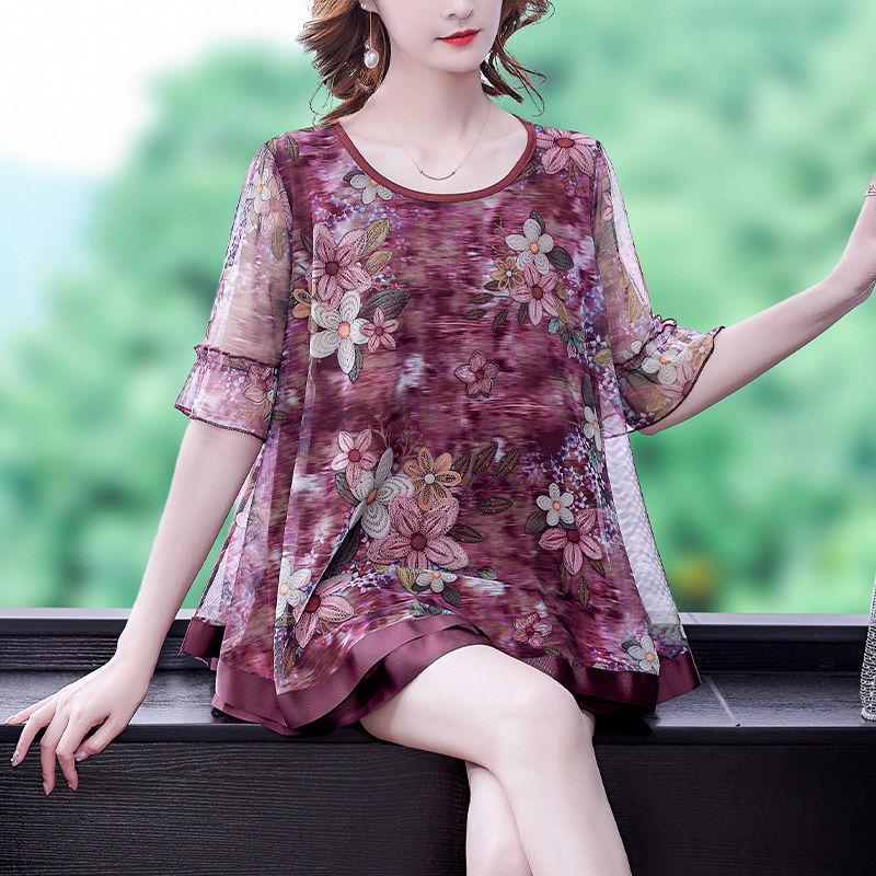 Printing T-Shirts Round Neck Floral Patchwork Short Sleeve Leisure Gauze Loose Thin Summer Korean Casual Women's Clothing 2023