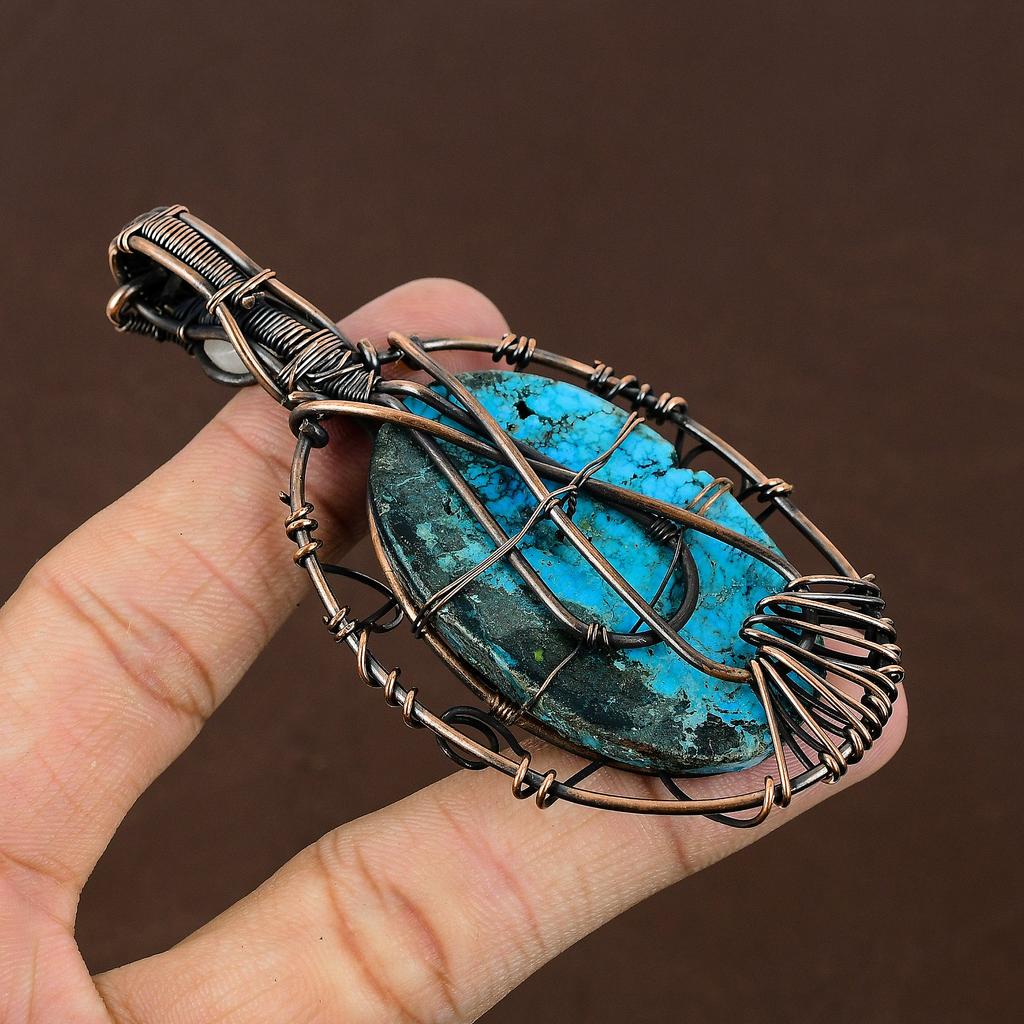 Natural Tibetan Turquoise,Moonstone Gemstone Copper Wire Wrap Pendant 3.74" R6S23