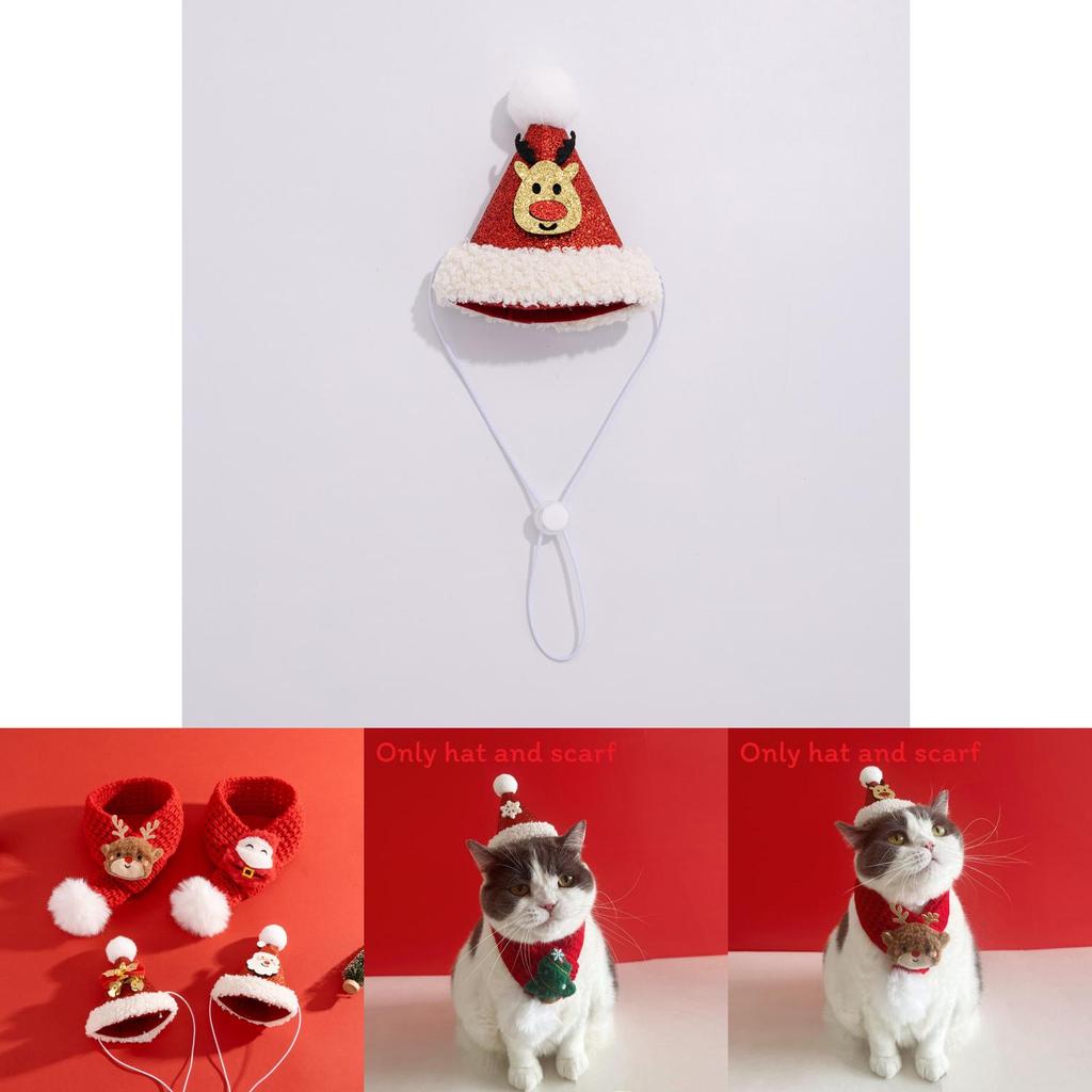 Weihnachts-Haustierschal- und Hut-Set mit Cartoon-Rentier für kleine Hunde und Katzen