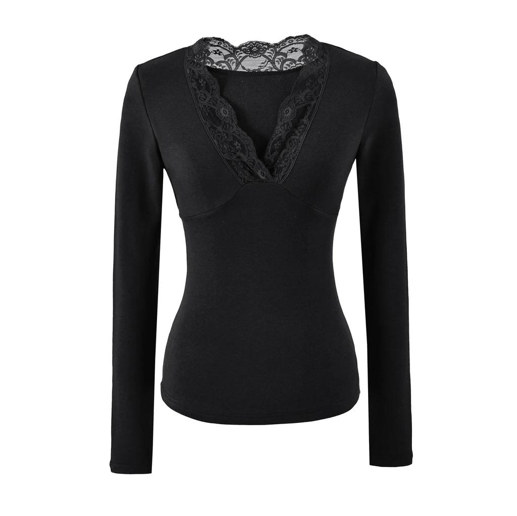 Women's 2026 Slim Fit Deep V-Neck Lace Patchwork Long Sleeve T-shirt