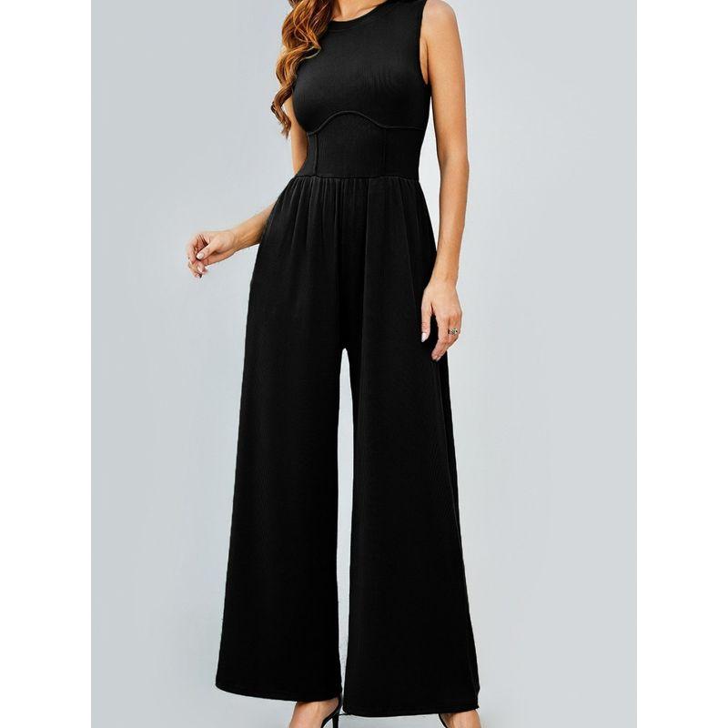 European and American Spring and Autumn Solid Vest High Waist Slim Fit Jumpsuit Round Neck Wide Leg Straight Trousers Women Clothes