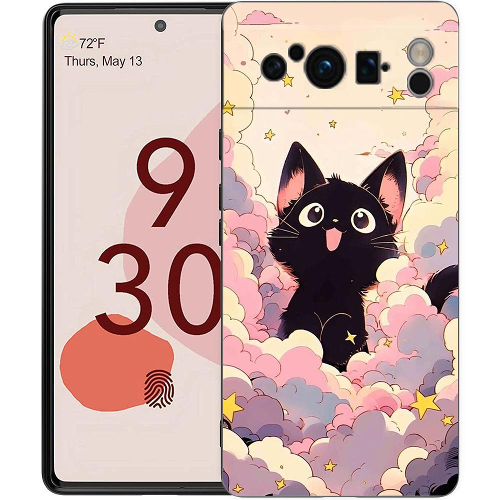 Artistic Black Cat Starry Night Phone Case For Google Pixel 9 8 7 6 Pro XL 8A 7A 6A TPU Shell Soft Shockproof Black Cover