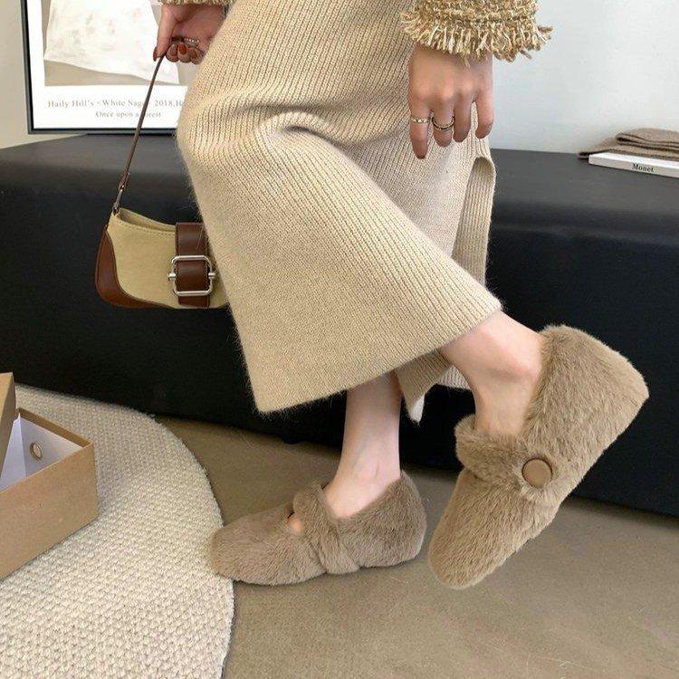 Inner Height Increase 5cm Plush Wool Shoes Women's 2025 Winter New One-word with Mink Thick-soled Versatile Casual Wool Cotton