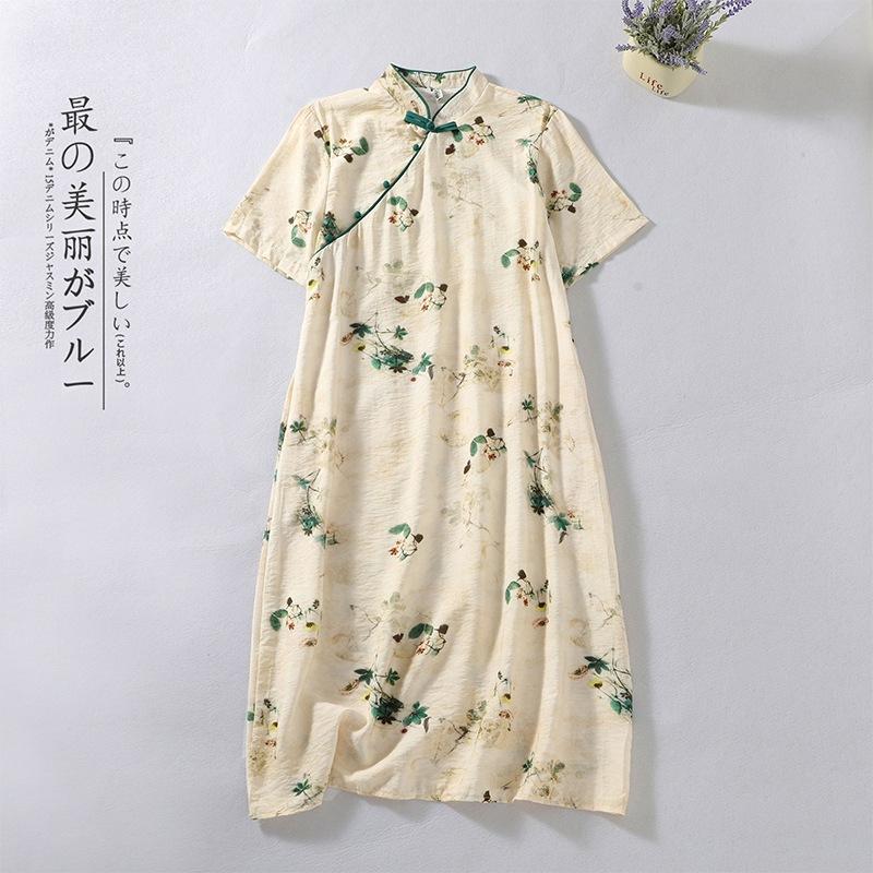 

2025 summer new Chinese-style improved cheongsam women s stand-up collar short-sleeved diagonal placket medium and long printed cotton and linen dress M