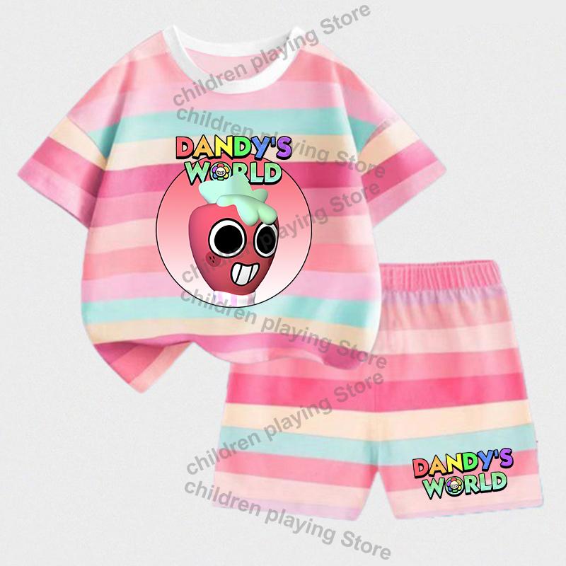 Dandys World Dziecięce Zestawy w Paski Lato Dziewczynki Chłopcy T-Shirt Szorty Garnitury Nadruk Kawaii Casualowa Odzież Sportowa Dziecięca Bielizna Nocna Prezenty