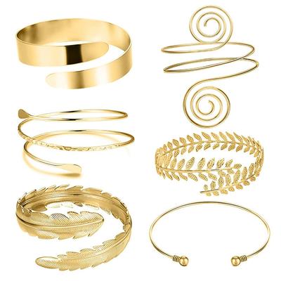 6 Pieces Arm Cuff Upper Arm Band Cuff Bracelet Bangle for Women Silver Gold Adjustable Armband Set