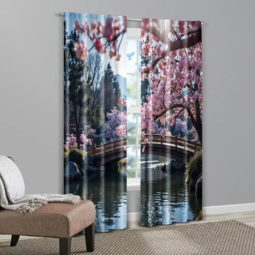 2 szt. Zasłony Jezioro Sakura Most - Poliester   Spokojny Malowniczy   Kwitnące Drzewa   Idealne do Sypialni - Estetyka Jeziorna