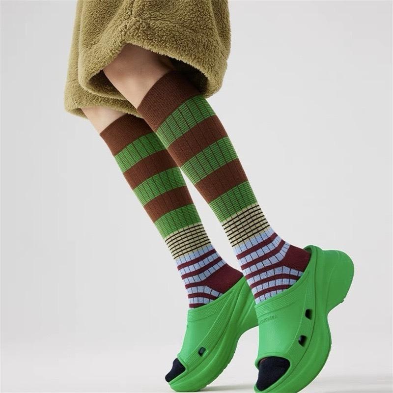 Women's Spring and Autumn Fashion Retro Collision Color Stripe Thin Long Tube Stack Socks