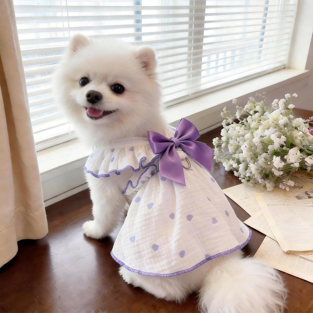 Heart Print Pet Dress with Bow, Breathable Cotton Dog Cat Clothes, Adjustable Pet Outfit with D-ring