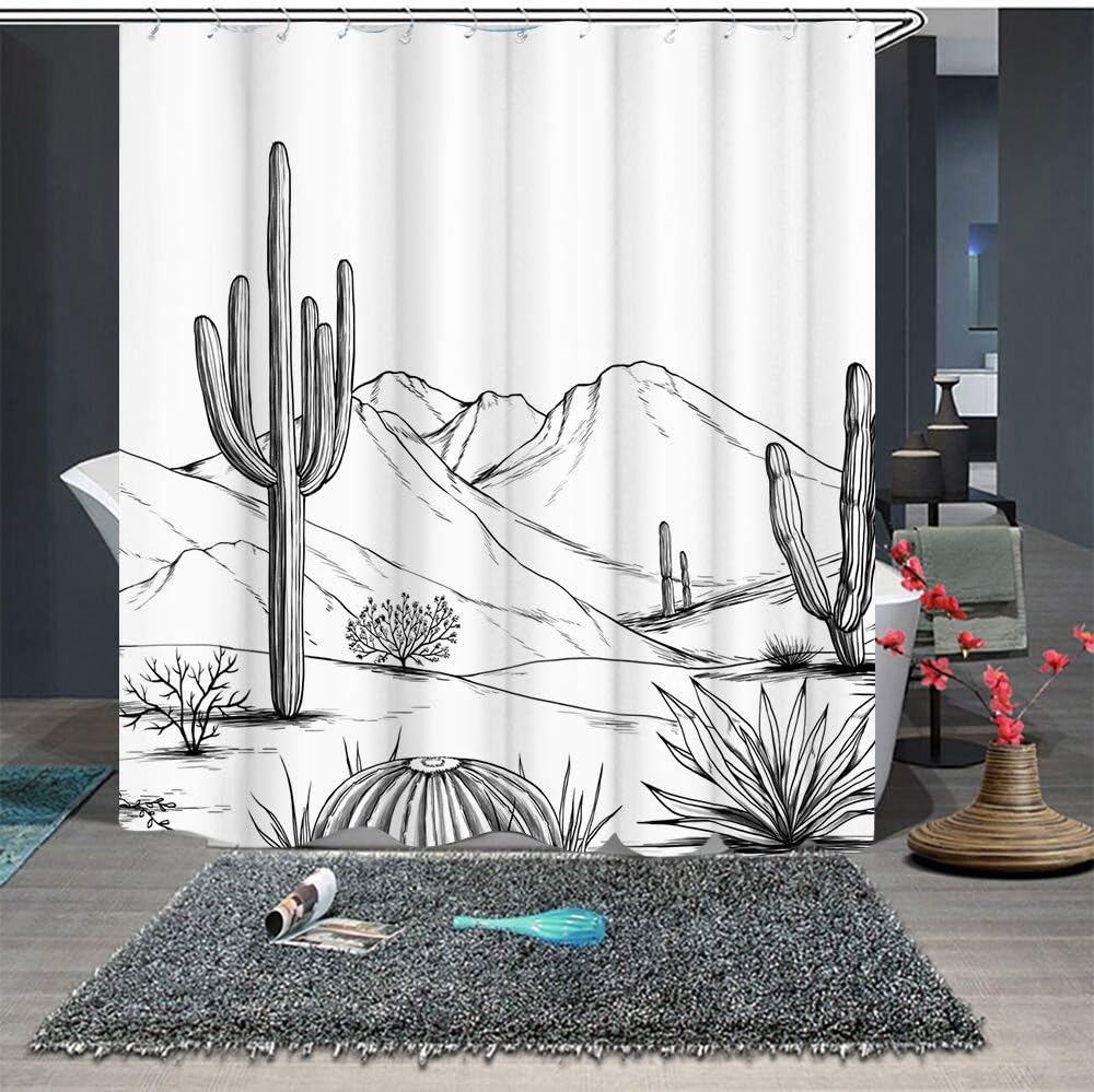Western Shower Curtain Aztec Cactus Desert Shower Curtain Black White Bathroom Decoration With Hook Waterproof Fabric