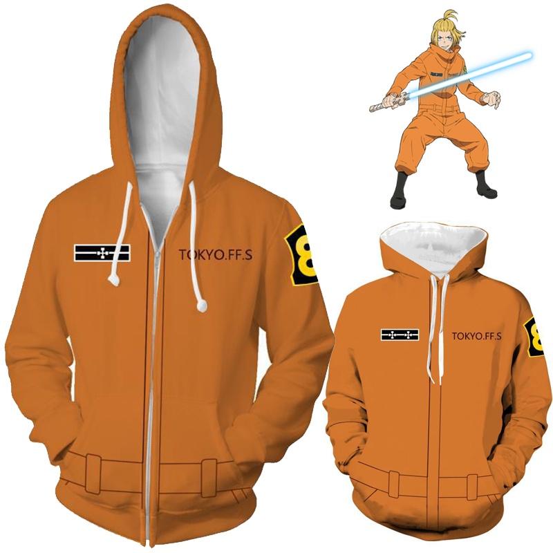 Fire Force Anime Men Hooded Zipper Sweatershirts Hoodie Pullover Cosplay Costume