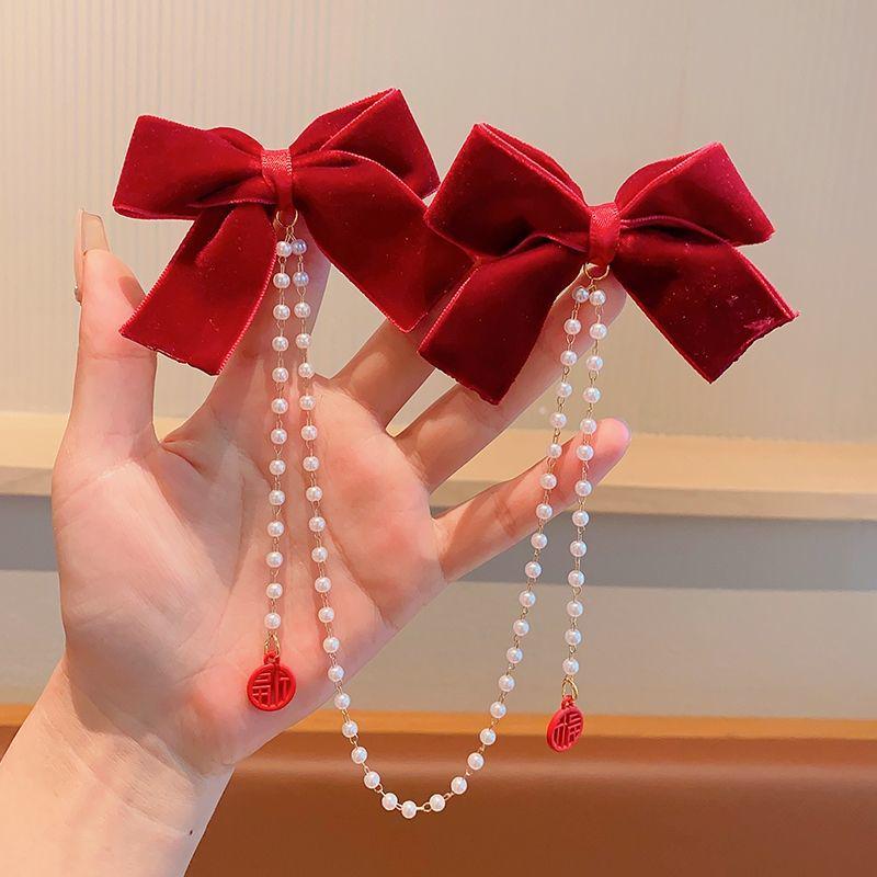 Girls' Red Bow Tassel Hair Clips for Chinese New Year, Autumn & Winter